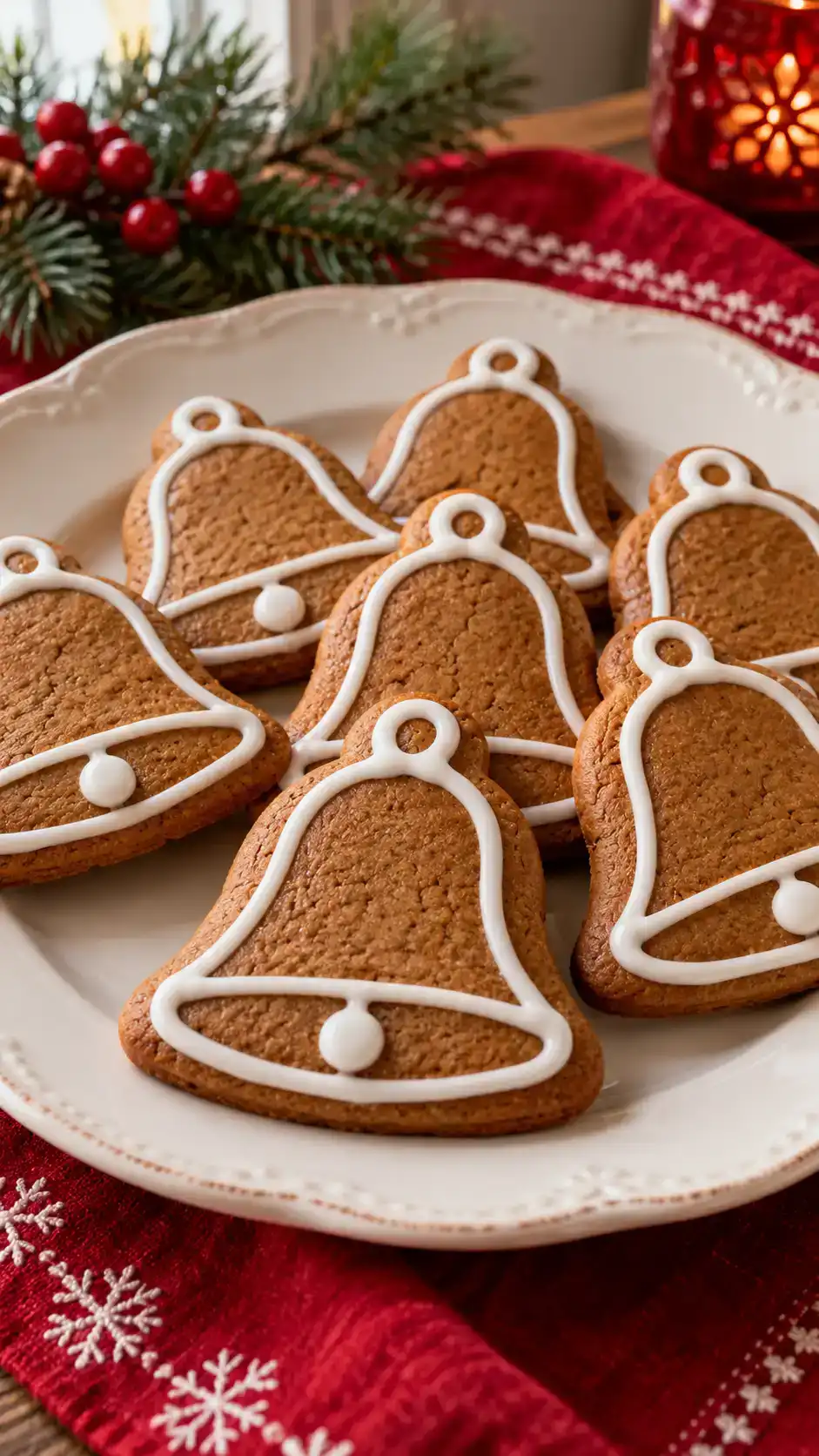 Gingerbread bell cut-out cookies with a clear Christmas silhouette and fine white icing details.